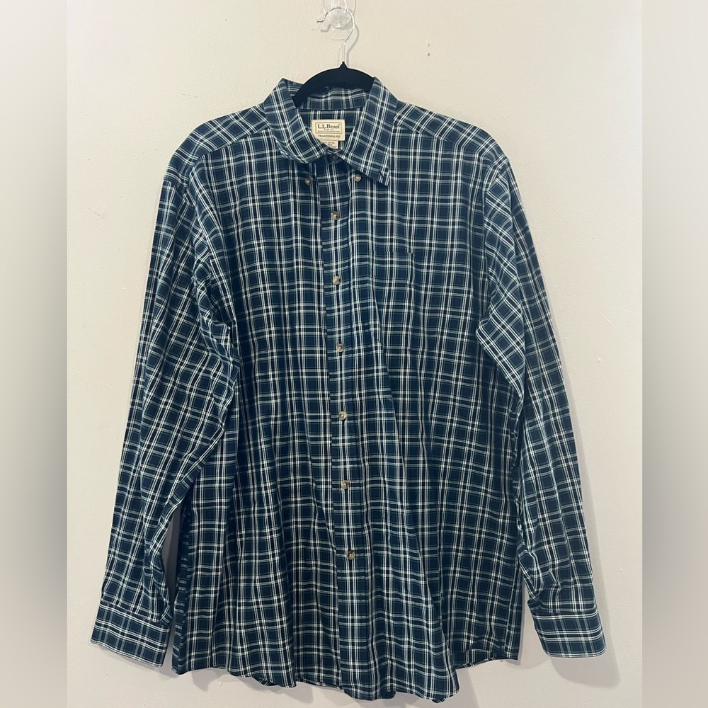 L.L.Bean Men’s Flannel Shirt Large Blue Green Plaid Traditional Fit